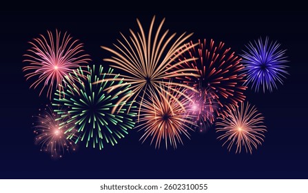 Vector decorative border with colorful exploding fireworks in the sky - celebration card, festival banner