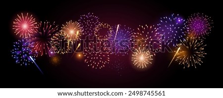 Similar – Image, Stock Photo Fireworks. Colorful celebration fireworks isolated on a black sky background. From below, shot of wonderful and vivid fireworks exploding. Burst.