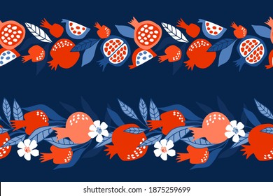 Vector decorative border with juicy and bright pomegranates. For menus, posters, stickers, postcards, wrapping paper, textiles, interior decor. Cartoon design