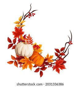 Vector decorative border with pumpkins, orange and brown autumn leaves, and rowanberries.