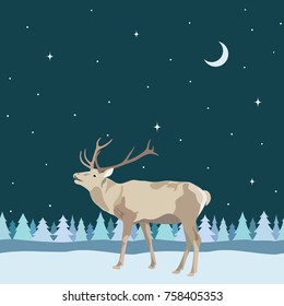 Vector decorative border from reindeer with antler on seamless background of trees, snow, night sky with star and moon