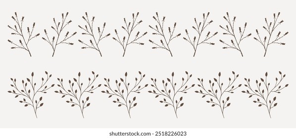 Vector decorative borders with hand-drawn branches. Elegant dividers for decoration with botanical elements in sketch style 