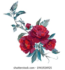 Vector decorative bouquet with three dark red peonies and leaves