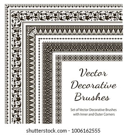 Vector Decorative Brushes with Inner and Outer Corners. Seamless Borders for Patterned Frames. 