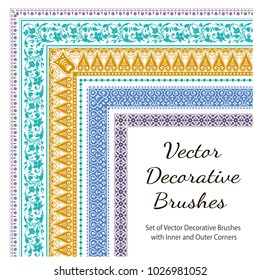 Vector Decorative Brushes with Inner and Outer Corners. Seamless Borders for Patterned Frames. 