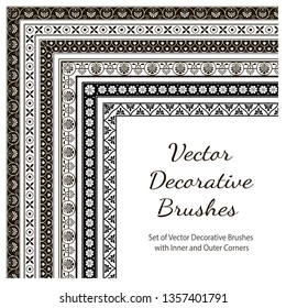 Vector Decorative Brushes with Inner and Outer Corners. Seamless Borders for Patterned Frames. 