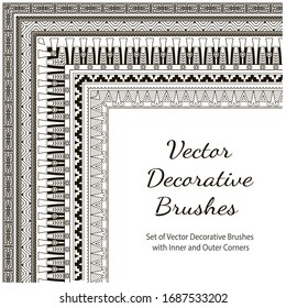 Vector Decorative Brushes with Inner and Outer Corners. Seamless Borders for Patterned Frames. 