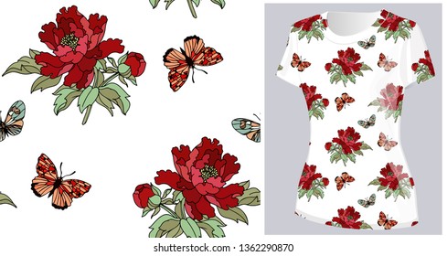 Vector decorative butterflies and peonies pattern or background illustration isolated on white. Typography graphic print, fashion drawing for t-shirts. 