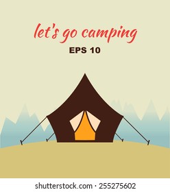 Vector decorative camping concept silhouette with tent and nature around. Poster with nature views