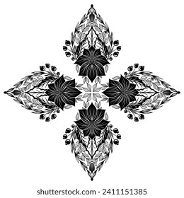 Vector decorative card with black silhouette of poinsettia flowers with foliage, berries and branches in rhombus composition. Monochrome christmas floral clipart  for invitation, banner and postcard