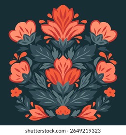 Vector decorative card with flower arrangement on dark background. Symmetrical stylized flowers in folk art style for cards and invitations. Summer bloom