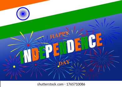 Vector decorative card for Independence Day of India, with the flag of India and the wheel of Dharmachakra or Ashoka Chakra on a blue background with salute.