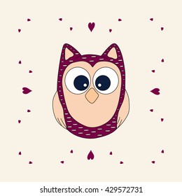 Vector decorative card owl with hearts. Owl vector. Vector heart