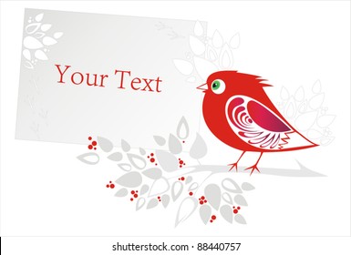 Vector decorative card with red ornamental bird, flower and berry. Vector design for greeting card or invitation. White background