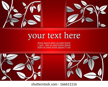 Vector decorative card with silver leaves and your text on a red ribbon