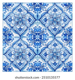 Vector decorative ceramic tiles blue watercolor pattern. Traditional tribal ornament. Baroque Vector mosaic. Traced watercolor