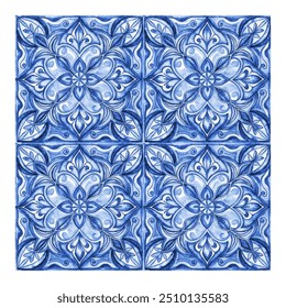 Vektor dekorative Keramikfliesen blaues Aquarellmuster. Traditioneller Stammesschmuck. Barock-Vektormosaik. Verfolgen von Aquarell