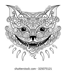 Vector Decorative Cheshire Cat. Isolated Fictitious Animal On White Background. Zentangle Style