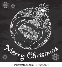 Vector decorative Christmas ball with a bell on the chalkboard. Vector illustration for Christmas and New Year