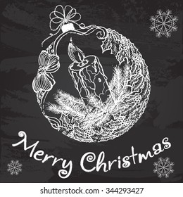 Vector decorative Christmas ball with a candle and a wreath of mistletoel on the chalkboard. Vector illustration for Christmas and New Year