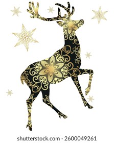 Vector decorative Christmas black deer with golden snowflakes and stars on transparent background
