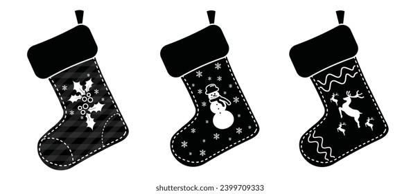 Vector Decorative Christmas Black and White Socks Set. Isolated on White Background. Christmas and New Year Silhouette Hanging Stocking Socks Collection in Pink, Blue and Purple. Ornamental Socks.