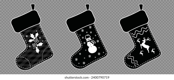 Vector Decorative Christmas Black and White Socks Set. Isolated on White Background. Christmas and New Year Silhouette Hanging Stocking Socks Collection in Pink, Blue and Purple. Ornamental Socks.