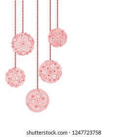 Vector decorative Christmas card with red tree ball toy from floral doodle elements on white background. Christmas invitation card
