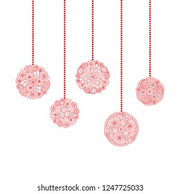 Vector decorative Christmas card with red tree ball toy from floral doodle elements on white background. Christmas invitation card