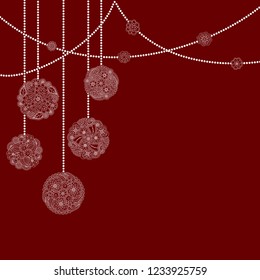 Vector decorative Christmas card with white tree ball from floral doodle elements on red background. Christmas invitation card with garland