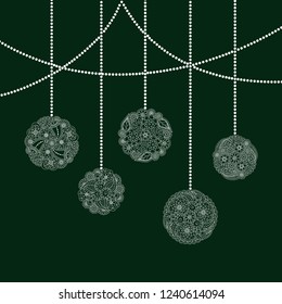 Vector decorative Christmas card with white tree ball toy from floral doodle elements on dark green background. Christmas invitation card with garland