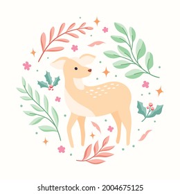 Vector decorative Christmas design elements. Cute illustration with deer, leaves, xmas elements for greeting cards, social media post, print design.