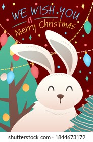 Vektor-dekorative Weihnachtskarten Vektor-Vorlage mit süßem Hasen. Weihnachten festliche Textur-Postkarte. Winterferien-Symbole 