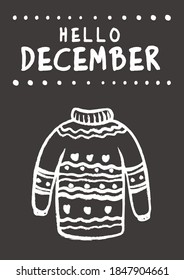 vector decorative christmas greetings card template with cute sweater. christmas festive texture greetings card background with chalkboard effect. winter holiday background.