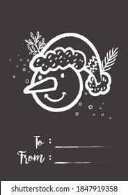 vector decorative christmas greetings card template with cute snowman. christmas festive texture greetings card background with chalkboard effect. winter holiday background.