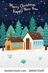 Vektor dekoratives Weihnachtshaus im Winter Grußkarten Vektorvorlage. Weihnachten festliche Textur-Postkarte. Winterferien-Symbole 