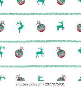 Navidad decorativa vectorial y patrón Seamless de año nuevo. Bolas de silueta ornamentales de Navidad, ciervos y texturas de copos de nieve sobre la plantilla de fondo de tarjeta de saludo de vacaciones de fondo azul pastel.