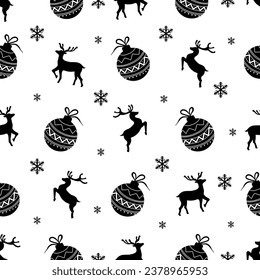 Vektorschmuck Weihnachten und neues Jahr Nahtlose Muster. Weihnachtsschmuckkugeln, Hirsche und Schneeflocken-Texturen auf pastellblauem Hintergrund Grußkartenhintergrund.