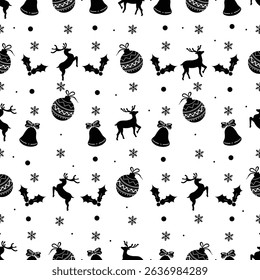 Vector decorative Christmas and new year Seamless Pattern. Christmas ornamental silhouette balls, deers, snowflakes, holly berries and bells texture background holiday greeting card backdrop template.