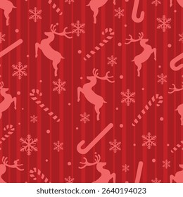Vector decorative Christmas and new year Seamless Pattern. Christmas ornamental silhouette balls, deers, snowflakes, holly berries and candy texture background holiday greeting card backdrop template.