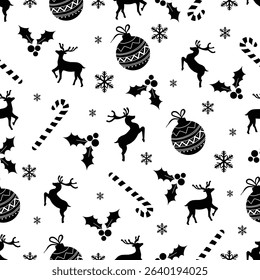 Vector decorative Christmas and new year Seamless Pattern. Christmas ornamental silhouette balls, deers, snowflakes, holly berries and candy texture background holiday greeting card backdrop template.