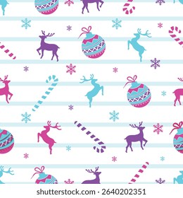 Vector decorative Christmas and new year Seamless Pattern. Christmas ornamental silhouette balls, deers, snowflakes, holly berries and bells texture background holiday greeting card backdrop template.