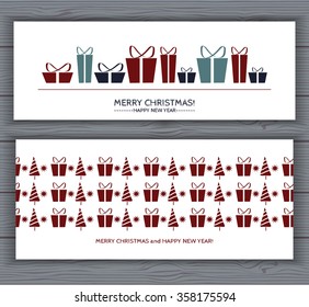 Vector decorative Christmas and New Year card.Red Christmas tree,presents and gift box background.Decorative illustration.Template,wallpaper,background for poster,cover,postcard, invitation,greetings