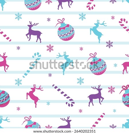 Vector decorative Christmas and new year Seamless Pattern. Christmas ornamental silhouette balls, deers, snowflakes, holly berries and bells texture background holiday greeting card backdrop template.