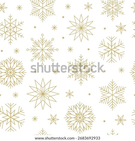 Vector decorative christmas pattern with gold colored geometric ornaments in shapes of snowflakes and stars on white background - wrapping paper or background design