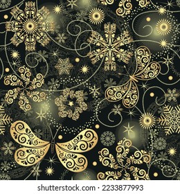 Vector decorative christmas pattern with golden snowflakes and butterflies on a dark background. Seamless ornament.