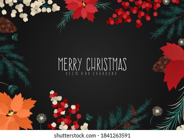 vector decorative christmas plants or floral petals background template with black background. christmas festive texture greetings card. winter holiday background.