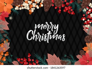 vector decorative christmas plants or floral petals background template with black background. christmas festive texture greetings card. winter holiday background.
