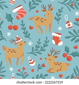 Vector decorative Christmas seamless pattern. Cute illustration with deer, leaves, xmas elements for greeting cards, social media post, print design.