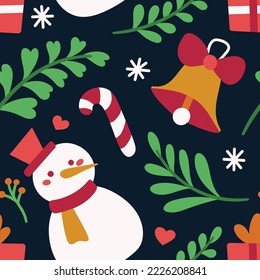 Vector decorative Christmas seamless pattern. Cute illustration with snowman, leaves, xmas elements for greeting cards, social media post, print design.